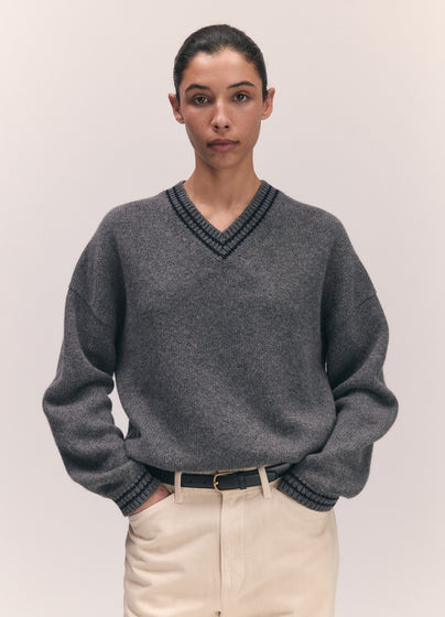 Balla Slouch V-Neck in Derby with Navy Stripe