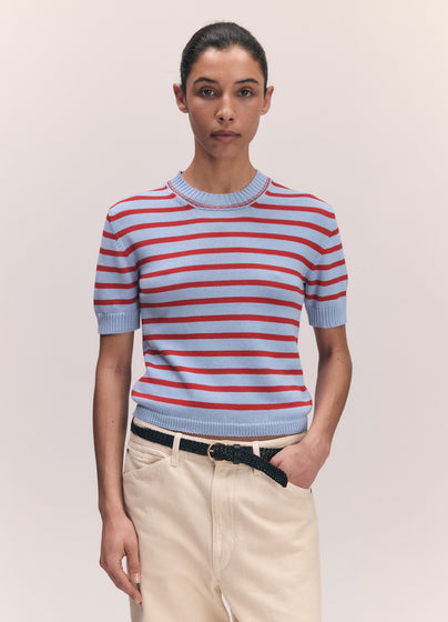 Shona Stripe T-Shirt in Pale Blue with Red