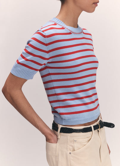 Shona Stripe T-Shirt in Pale Blue with Red