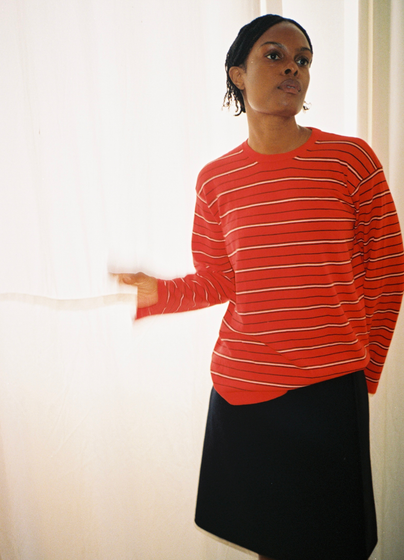 Long Sleeve Slouchy Cotton T-Shirt in Red, Navy and Cream