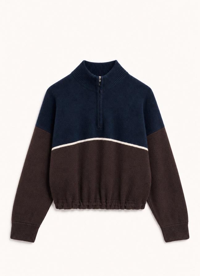 Alder Half Zip Fleece in Navy with Dark Brown