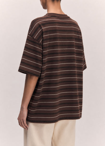 Short Sleeve Slouchy T-Knit in Brown Stripe
