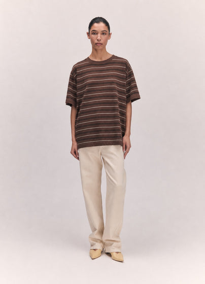 Short Sleeve Slouchy T-Knit in Brown Stripe