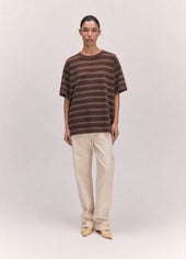 Short Sleeve Slouchy T-Knit in Brown Stripe