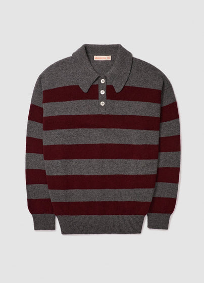 Mens Edith Stripe Polo Shirt in Derby Grey & Burgundy