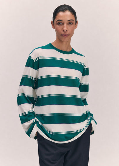 Long Sleeve Slouchy T-Knit in Green Stripe