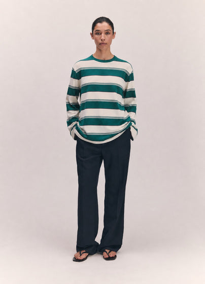 Long Sleeve Slouchy T-Knit in Green Stripe