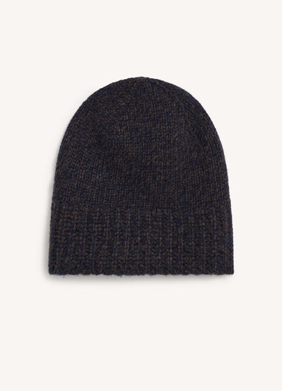 Rib Trim Cashmere Hat in Navy and Brown Mouliné