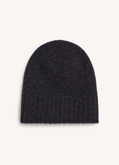 Rib Trim Cashmere Hat in Navy and Brown Mouliné