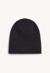 Rib Trim Cashmere Hat in Navy and Brown Mouliné