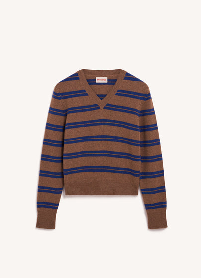 Sligo V-Neck in Hazelnut/Smalt Stripe