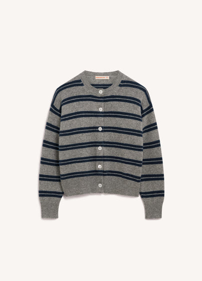 Ada Crewneck Cardigan in Flannel/Navy Stripe