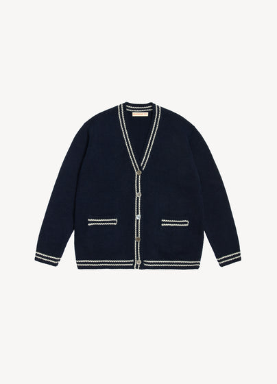 Clodagh V-Neck Cardigan in Navy with White Stripe Trim