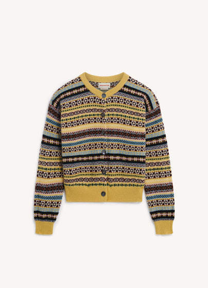 Ada Fairisle Crewneck Cardigan in Yellow Multi