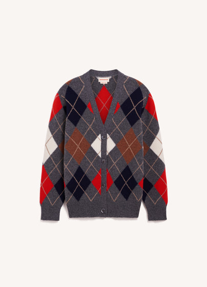 Ava Argyle Cardigan in Derby Grey with Red