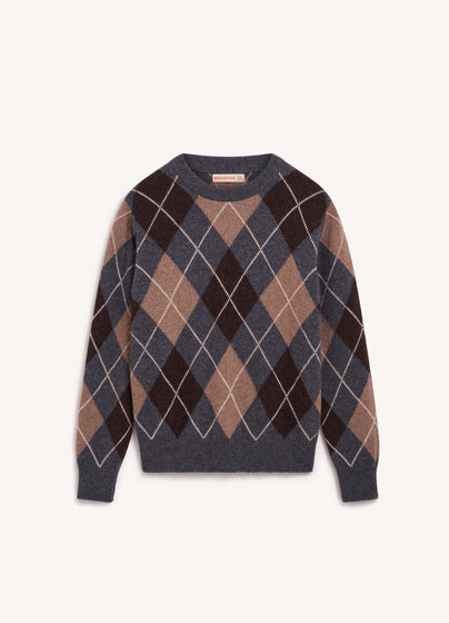 Ava Argyle Crewneck in Grey with Brown