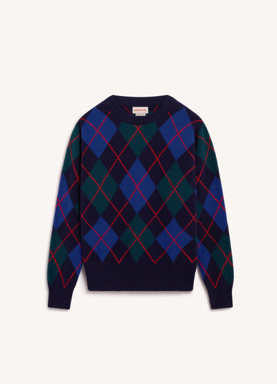 Ava Argyle Crewneck in Navy with Smalt