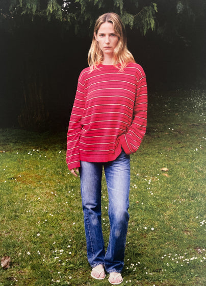 Long Sleeve Slouchy Cotton T-Shirt in Red, Navy and Cream