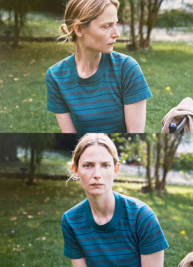 Shrunken Stripe Cotton T-Shirt in Green, Brown and Navy